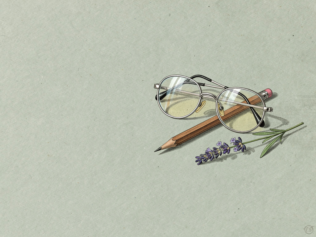 Engraving of folded reading spectacles, a pencil and a sprig of lavender on pale green paper