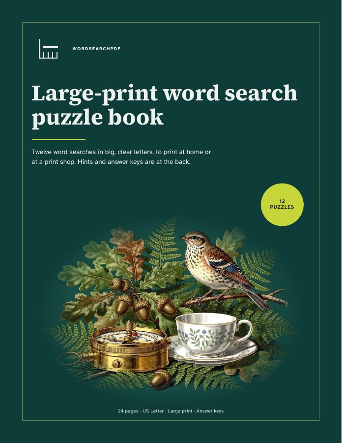 Cover of the large-print word search puzzle book: a dark green page with an engraved plate of a songbird, oak leaves and a brass compass