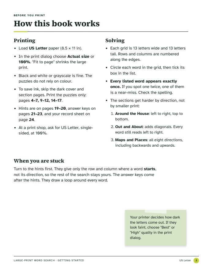 Page 2, How this book works: printing steps and solving notes