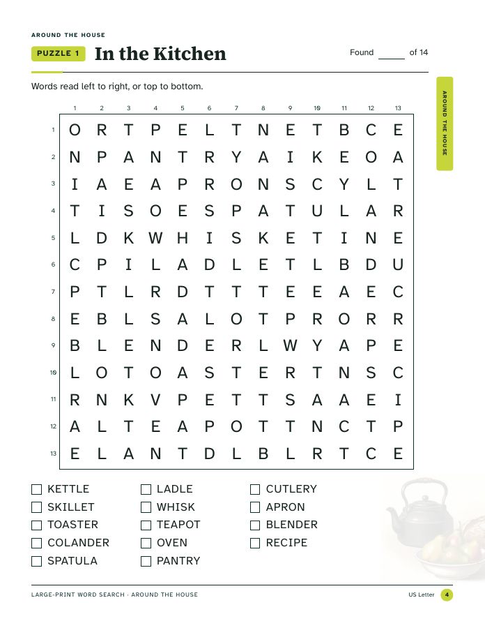 Page 4, puzzle 1, In the Kitchen: a 13 by 13 letter grid with numbered rows and columns and 14 words to tick