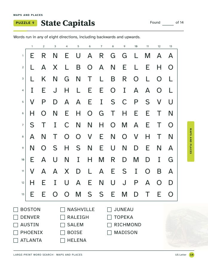 Page 14, State Capitals puzzle in all eight directions