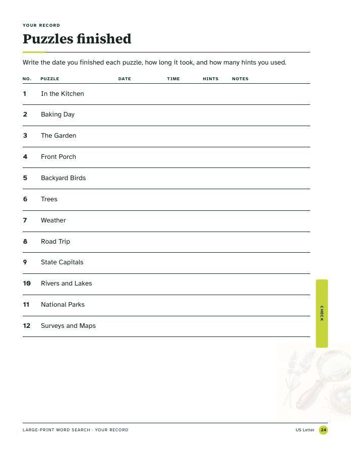 Page 24, Puzzles finished: a table to log the date, time and hints for each puzzle